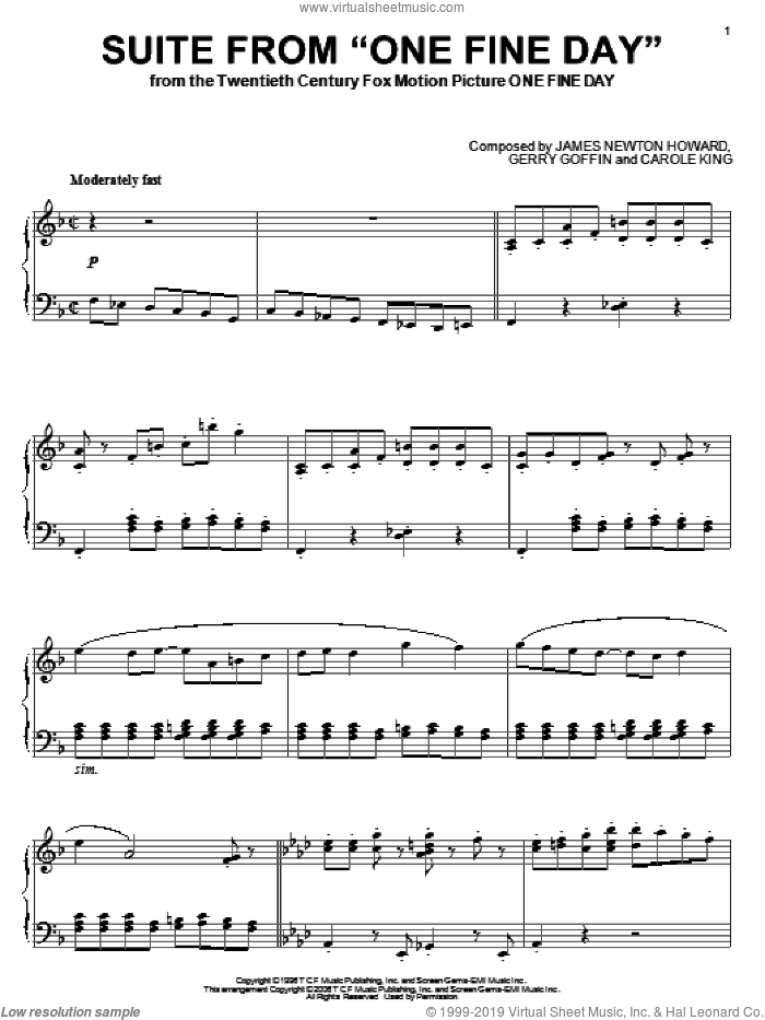 Suite from 'One Fine Day' sheet music for piano solo by Carole King, Gerry Goffin and James Newton Howard, intermediate skill level