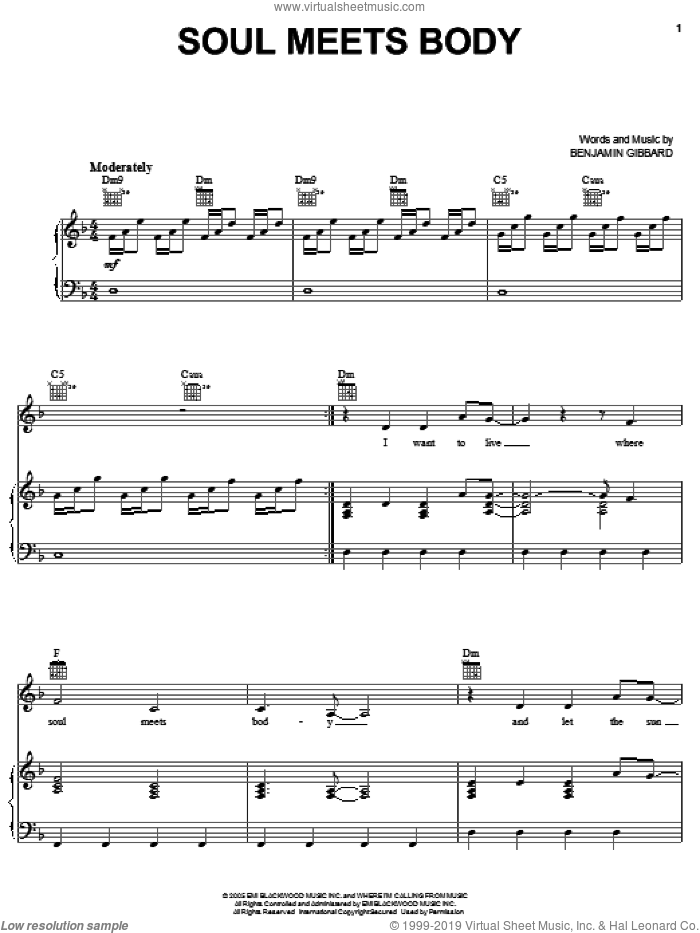 Soul Meets Body sheet music for voice, piano or guitar by Death Cab For Cutie and Benjamin Gibbard, intermediate skill level