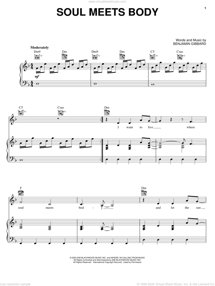 Soul Meets Body sheet music for voice, piano or guitar by Death Cab For Cutie and Benjamin Gibbard, intermediate skill level