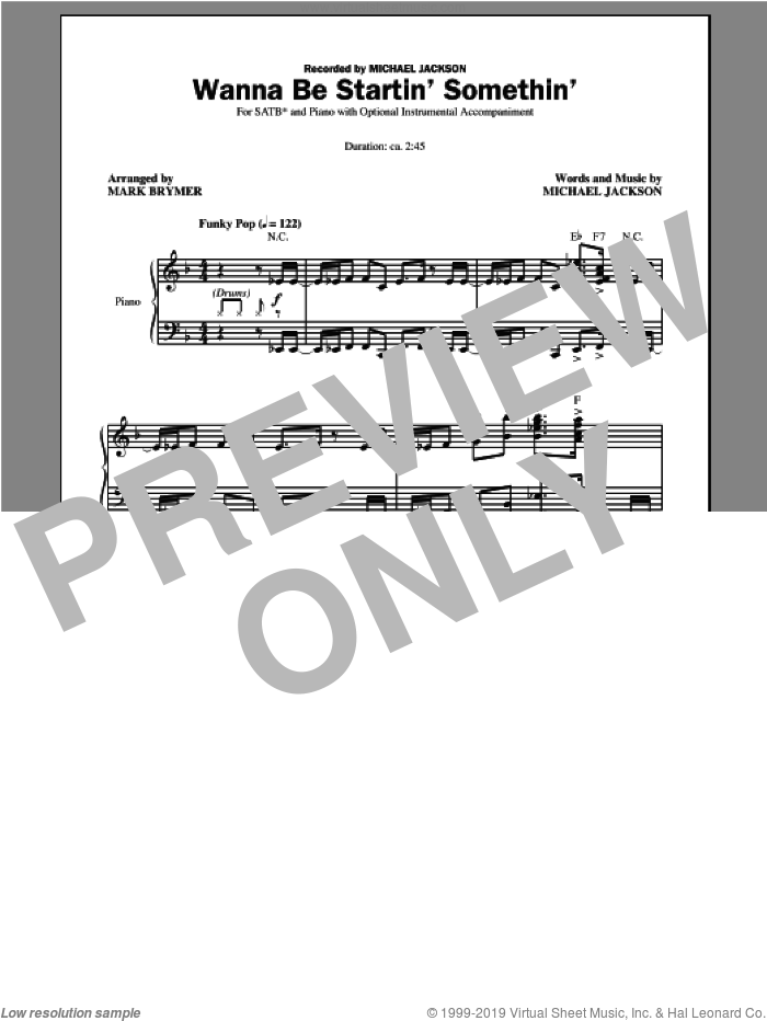 Wanna Be Startin' Somethin' sheet music for choir (SATB: soprano, alto, tenor, bass) by Mark Brymer, Glee Gast and Michael Jackson, intermediate skill level
