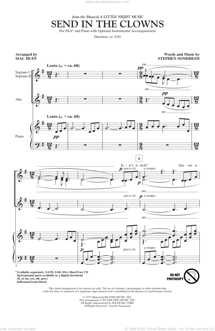 Send In The Clowns sheet music for choir (SSA: soprano, alto) by Mac Huff and Stephen Sondheim, intermediate skill level