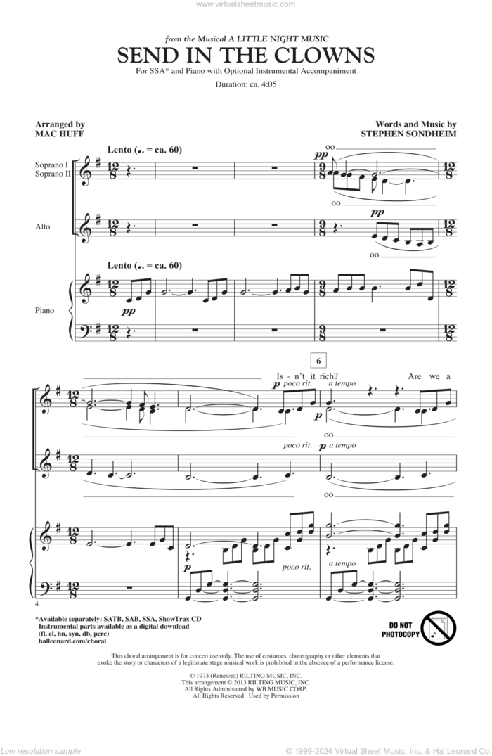 Send In The Clowns sheet music for choir (SSA: soprano, alto) by Mac Huff and Stephen Sondheim, intermediate skill level