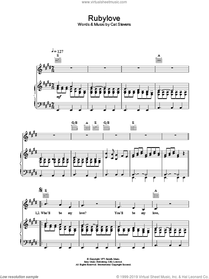 Rubylove sheet music for voice, piano or guitar by Cat Stevens, intermediate skill level