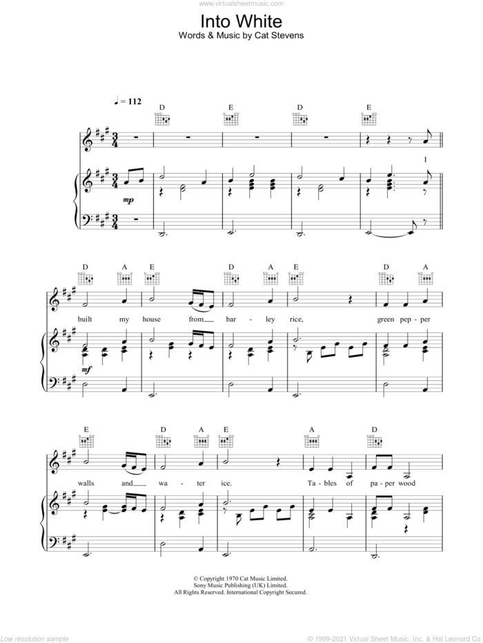 Into White sheet music for voice, piano or guitar by Cat Stevens, intermediate skill level