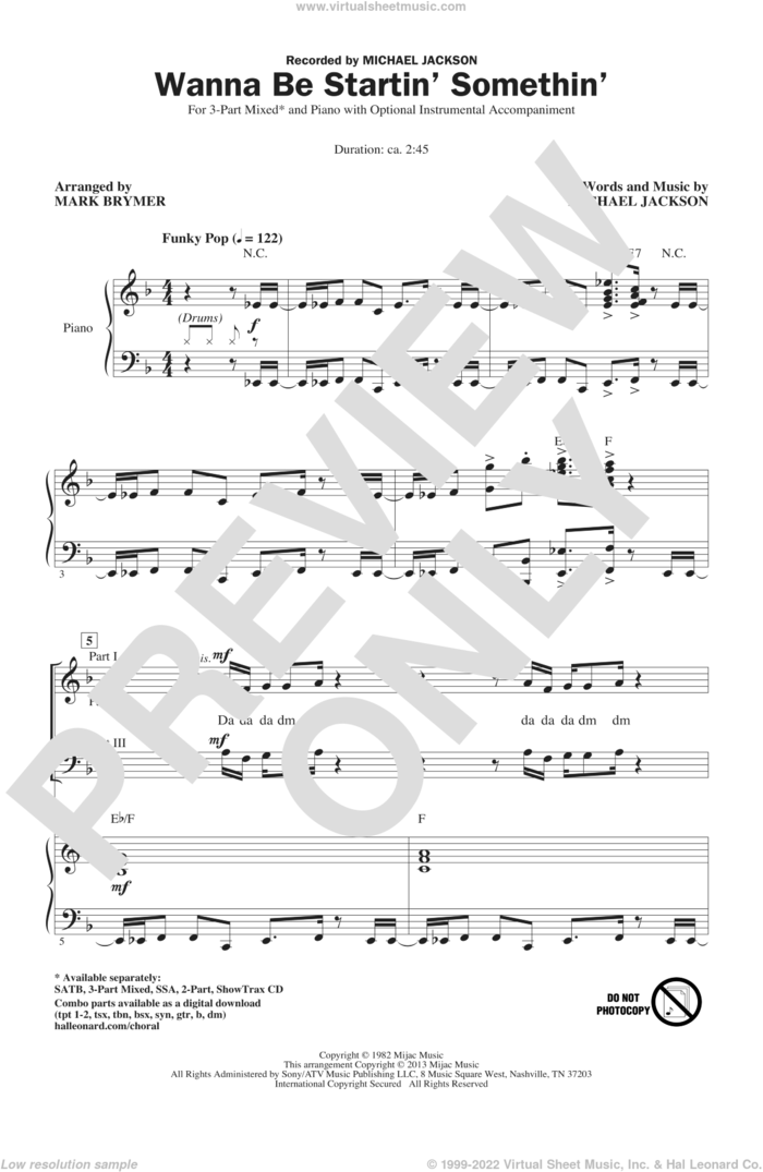 Wanna Be Startin' Somethin' sheet music for choir (3-Part Mixed) by Mark Brymer, Glee Gast and Michael Jackson, intermediate skill level
