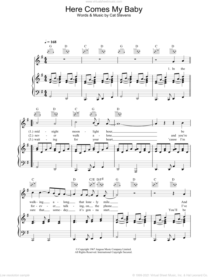 Here Comes My Baby sheet music for voice, piano or guitar by Cat Stevens, intermediate skill level
