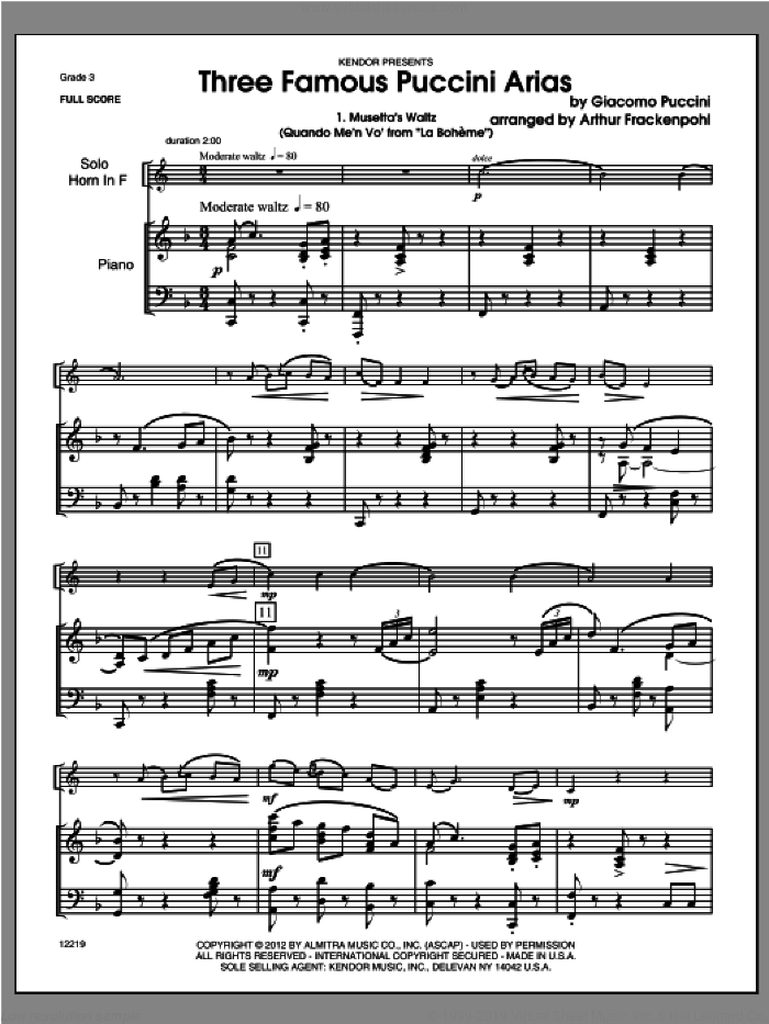 Three Famous Puccini Arias (COMPLETE) sheet music for horn and piano by Giacomo Puccini and Steve Frackenpohl, classical score, intermediate skill level