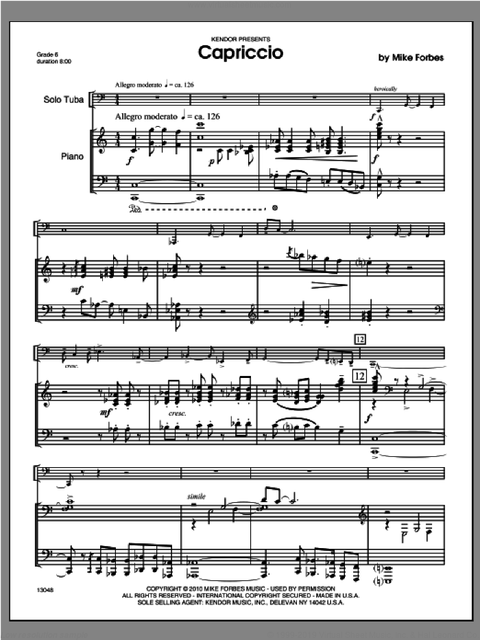 Capriccio (COMPLETE) sheet music for tuba and piano by Michael Forbes, classical score, intermediate skill level