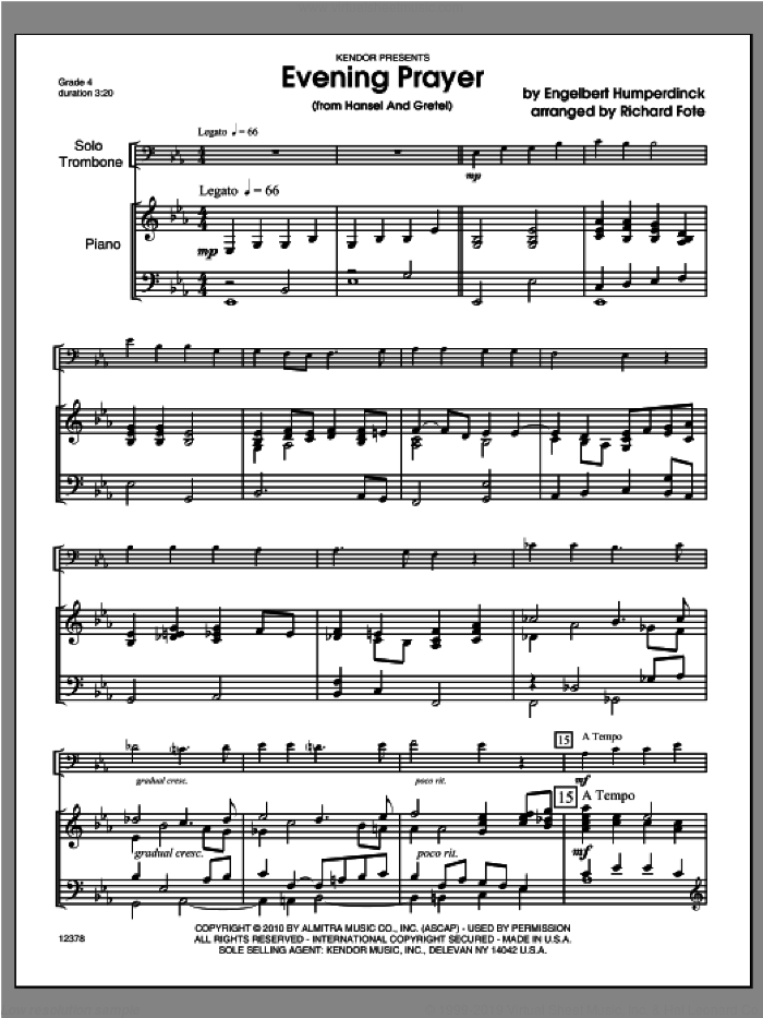 Evening Prayer (from Hansel And Gretel) (COMPLETE) sheet music for trombone and piano by Richard Fote and Humperdinck, classical score, intermediate skill level