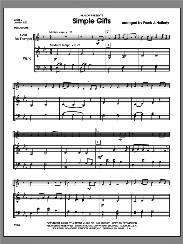 Simple Gifts (COMPLETE) sheet music for trumpet and piano by Frank J. Halferty, classical score, intermediate skill level