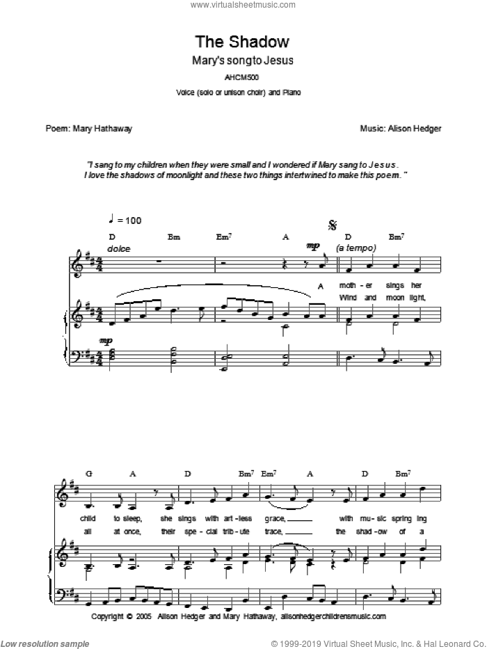The Shadow sheet music for voice, piano or guitar by Alison Hedger and Mary Hathaway, intermediate skill level