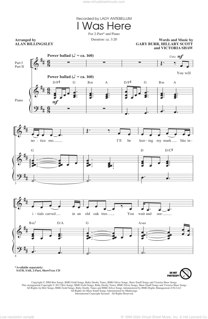 I Was Here (arr. Alan Billingsley) sheet music for choir (2-Part) by Lady A, Alan Billingsley and Lady Antebellum, intermediate duet