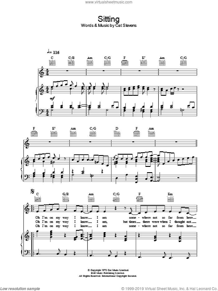 Sitting sheet music for voice, piano or guitar by Cat Stevens, intermediate skill level