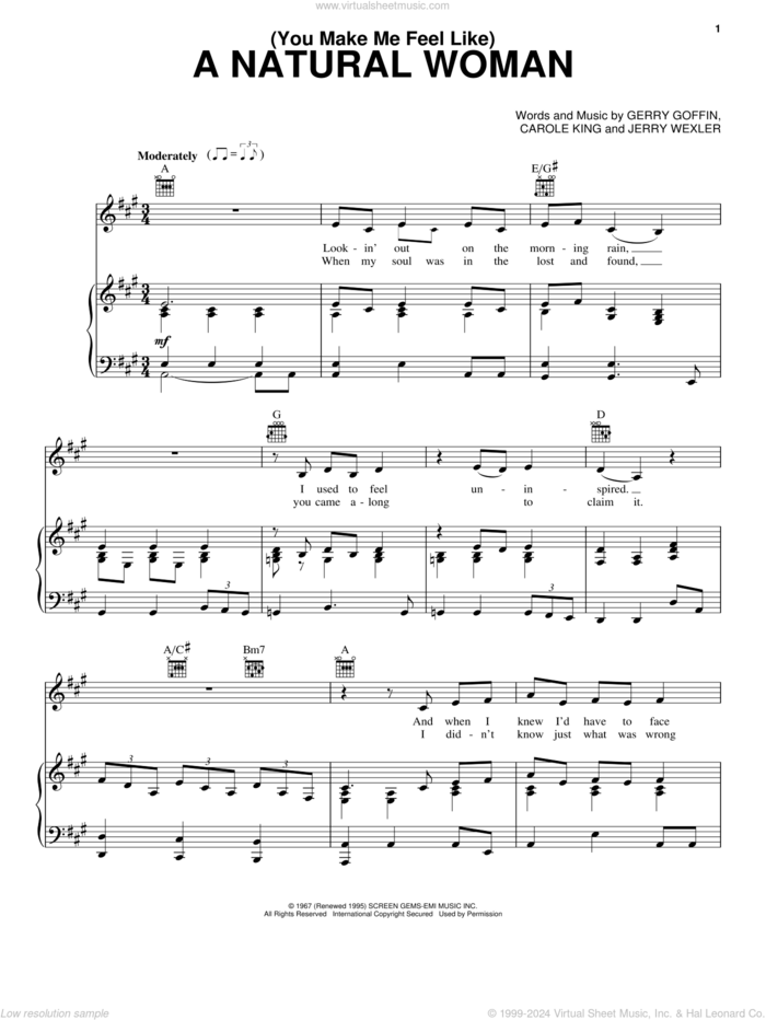 (You Make Me Feel Like) A Natural Woman sheet music for voice, piano or guitar by Aretha Franklin, Carole King, Gerry Goffin and Jerry Wexler, intermediate skill level