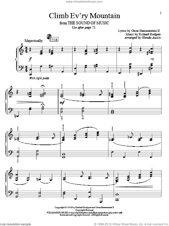 Climb Ev'ry Mountain sheet music for piano solo (elementary) by Richard Rodgers, Glenda Austin, Rodgers & Hammerstein, The Sound Of Music (Musical) and Oscar II Hammerstein, beginner piano (elementary)