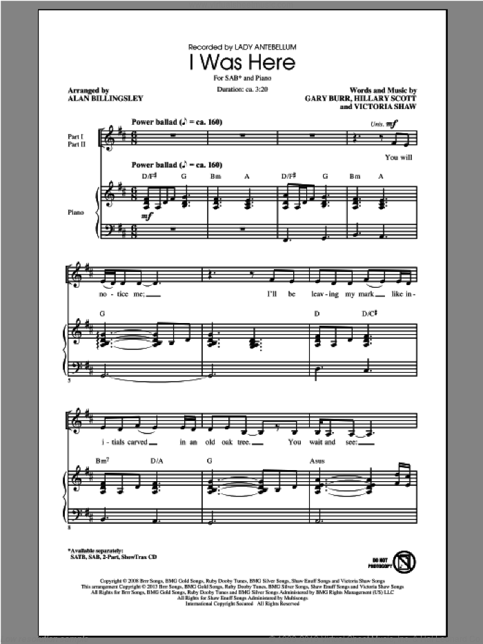 I Was Here (arr. Alan Billingsley) sheet music for choir (SAB: soprano, alto, bass) by Lady A, Alan Billingsley and Lady Antebellum, intermediate skill level