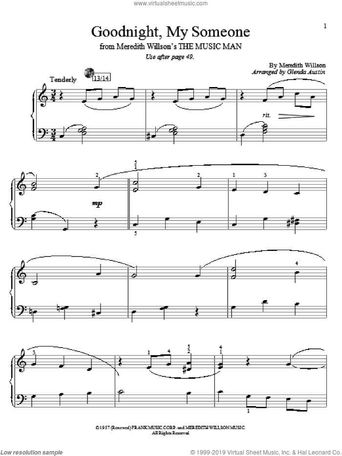 Goodnight, My Someone sheet music for piano solo (elementary) by Meredith Willson and Glenda Austin, beginner piano (elementary)