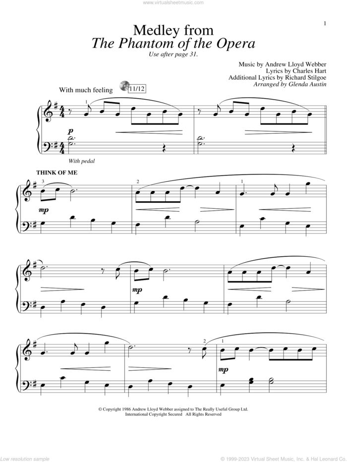 Think Of Me (from The Phantom Of The Opera) sheet music for piano solo (elementary) by Andrew Lloyd Webber, Glenda Austin, The Phantom Of The Opera (Musical), Charles Hart and Richard Stilgoe, beginner piano (elementary)