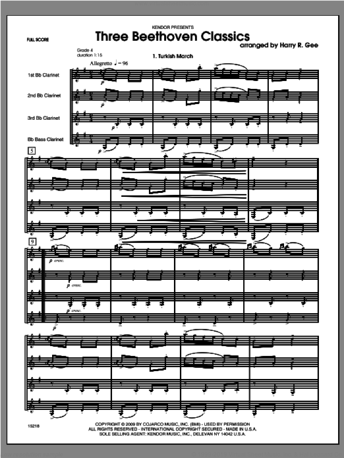 Three Beethoven Classics (COMPLETE) sheet music for clarinet quartet by Ludwig van Beethoven and Harry Gee, classical score, intermediate skill level