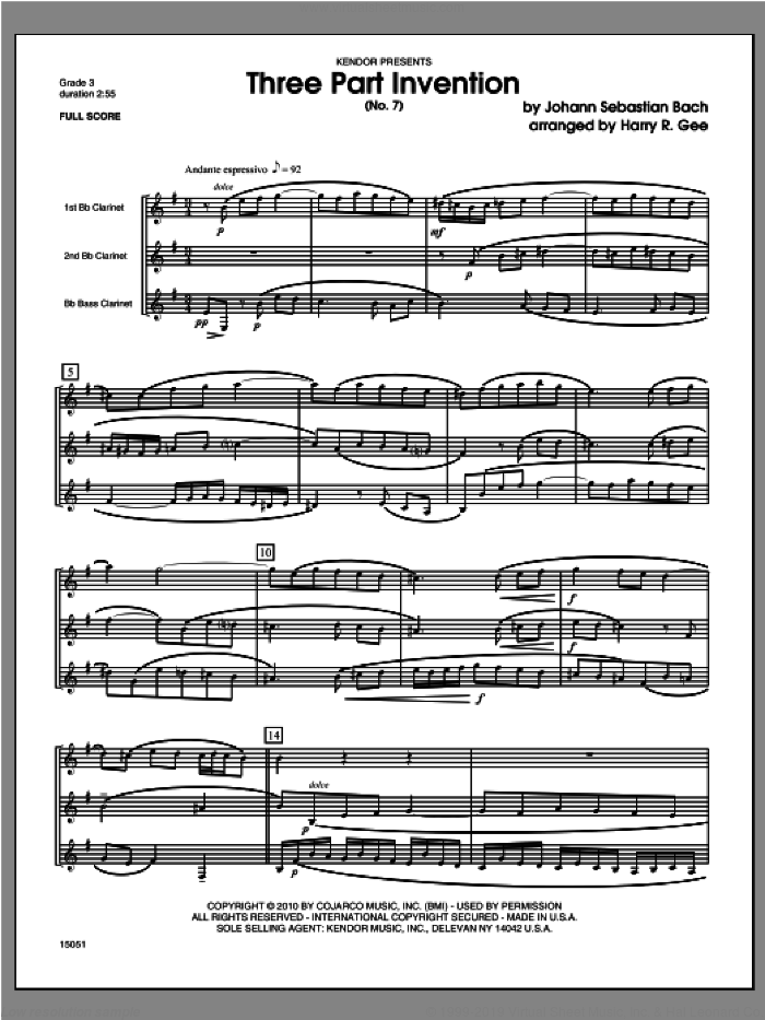 Three Part Invention (No. 7) (COMPLETE) sheet music for clarinet trio by Johann Sebastian Bach and Harry Gee, classical score, intermediate skill level