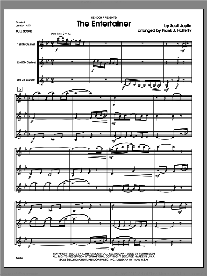 Entertainer, The (COMPLETE) sheet music for clarinet quartet by Frank J. Halferty and Scott Joplin, classical score, intermediate skill level