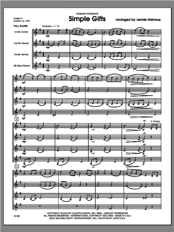 Simple Gifts (COMPLETE) sheet music for four clarinets by Lennie Niehaus, classical score, intermediate skill level