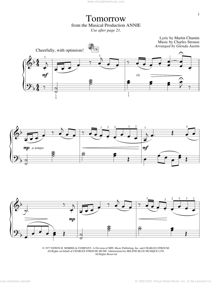 Tomorrow sheet music for piano solo (elementary) by Charles Strouse, Glenda Austin, Annie (Musical) and Martin Charnin, beginner piano (elementary)