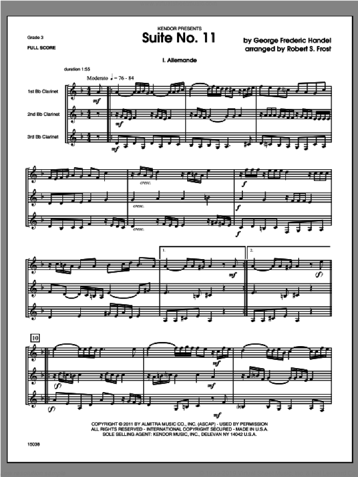 Suite No. 11 (COMPLETE) sheet music for clarinet trio by George Frideric Handel and Robert S. Frost, classical score, intermediate skill level