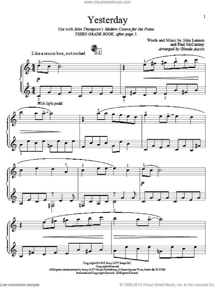 Yesterday (arr. Glenda Austin) sheet music for piano solo (elementary) by The Beatles, Glenda Austin, John Lennon and Paul McCartney, beginner piano (elementary)