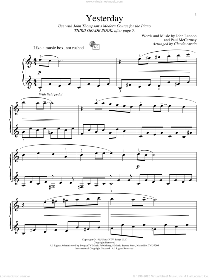 Yesterday (arr. Glenda Austin) sheet music for piano solo (elementary) by The Beatles, Glenda Austin, John Lennon and Paul McCartney, beginner piano (elementary)