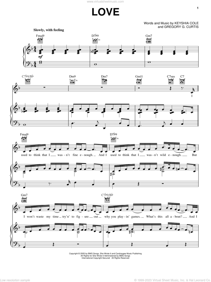 Love sheet music for voice, piano or guitar by Keyshia Cole and Gregory Curtis, intermediate skill level