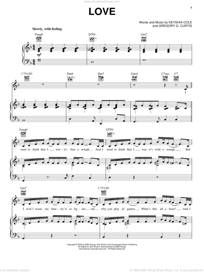 Love sheet music for voice, piano or guitar by Keyshia Cole and Gregory Curtis, intermediate skill level