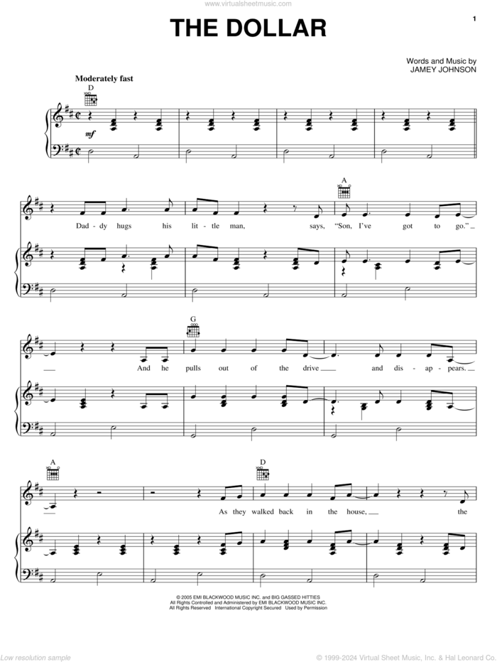 The Dollar sheet music for voice, piano or guitar by Jamey Johnson, intermediate skill level