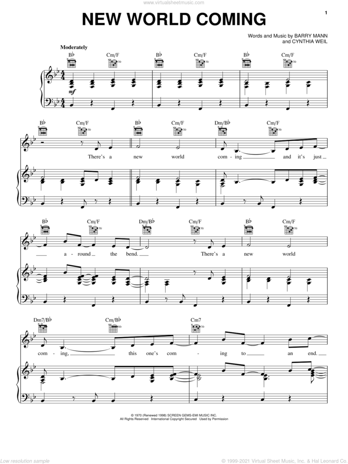 New World Coming sheet music for voice, piano or guitar by Mama Cass Elliot, Nina Simone, Barry Mann and Cynthia Weil, intermediate skill level