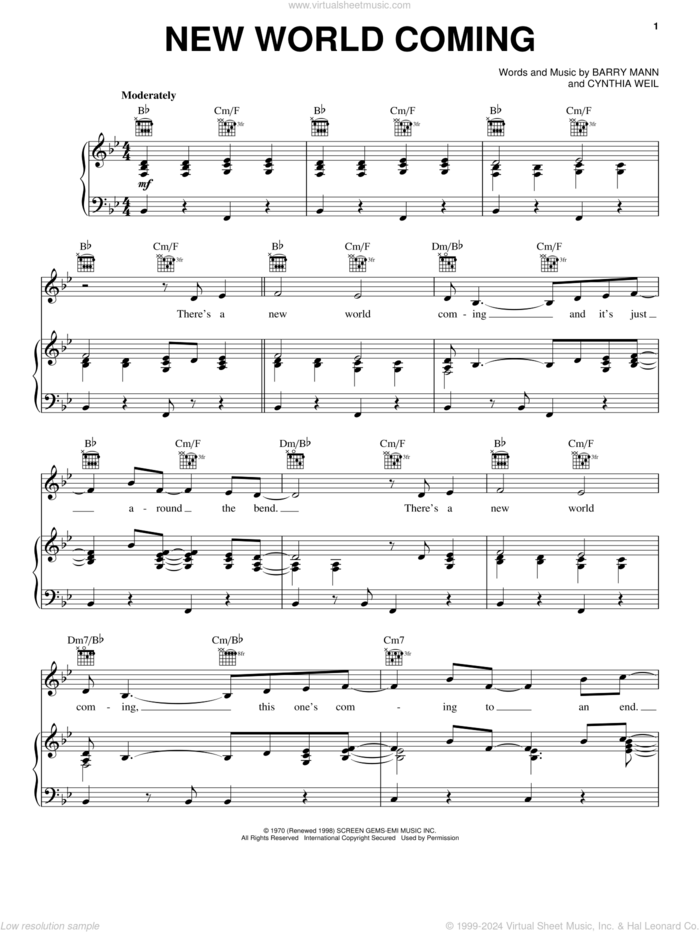 New World Coming sheet music for voice, piano or guitar by Mama Cass Elliot, Nina Simone, Barry Mann and Cynthia Weil, intermediate skill level