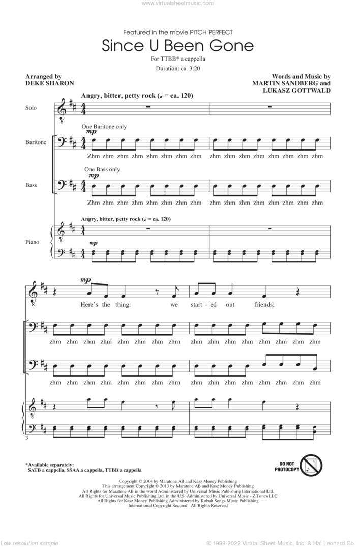 Since U Been Gone (as performed in Pitch Perfect) (arr. Deke Sharon) sheet music for choir (TTBB: tenor, bass) by Kelly Clarkson, Deke Sharon, Lukasz Gottwald, Martin Sandberg and Pitch Perfect (Movie), intermediate skill level