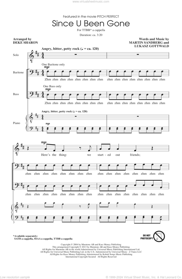 Since U Been Gone (as performed in Pitch Perfect) (arr. Deke Sharon) sheet music for choir (TTBB: tenor, bass) by Kelly Clarkson, Deke Sharon, Lukasz Gottwald, Martin Sandberg and Pitch Perfect (Movie), intermediate skill level