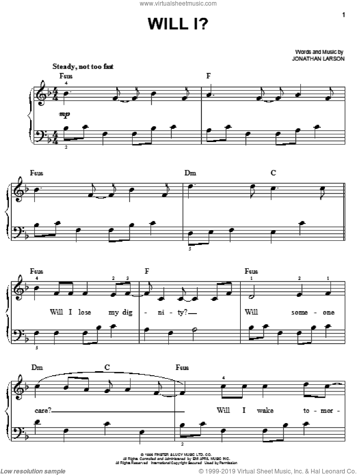 Will I? sheet music for piano solo by Jonathan Larson and Rent (Movie), easy skill level