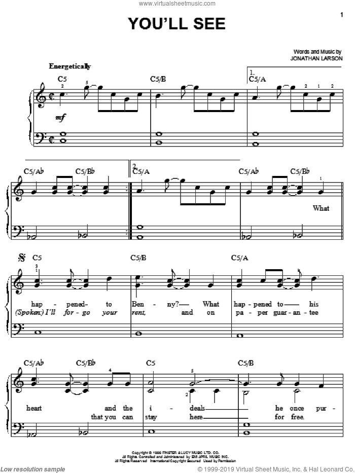 You'll See sheet music for piano solo by Jonathan Larson and Rent (Movie), easy skill level
