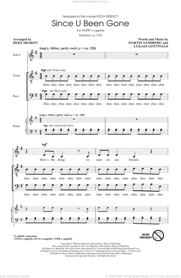 Since U Been Gone (as performed in Pitch Perfect) (arr. Deke Sharon) sheet music for choir (SATB: soprano, alto, tenor, bass) by Kelly Clarkson, Deke Sharon, Lukasz Gottwald, Martin Sandberg and Pitch Perfect (Movie), intermediate skill level