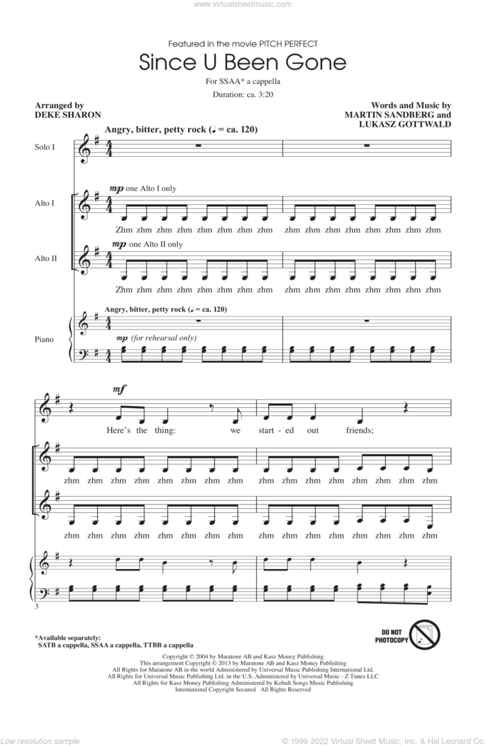 Since U Been Gone (as performed in Pitch Perfect) (arr. Deke Sharon) sheet music for choir (SSA: soprano, alto) by Kelly Clarkson, Deke Sharon, Lukasz Gottwald, Martin Sandberg and Pitch Perfect (Movie), intermediate skill level