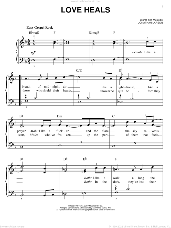 Love Heals sheet music for piano solo by Jonathan Larson and Rent (Movie), easy skill level