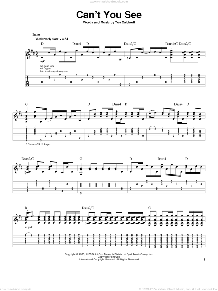 Can't You See sheet music for guitar (tablature, play-along) by Marshall Tucker Band, Waylon Jennings and Toy Caldwell, intermediate skill level