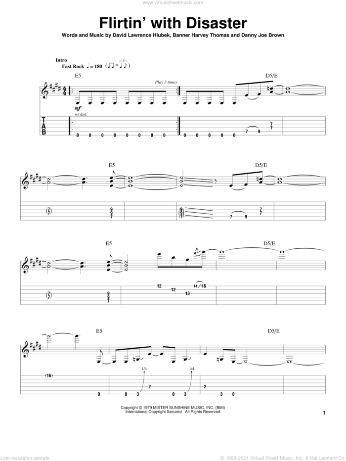 Flirtin' With Disaster sheet music for guitar (tablature, play-along) by Molly Hatchet, Banner Harvey Thomas, Danny Joe Brown and David Lawrence Hlubek, intermediate skill level