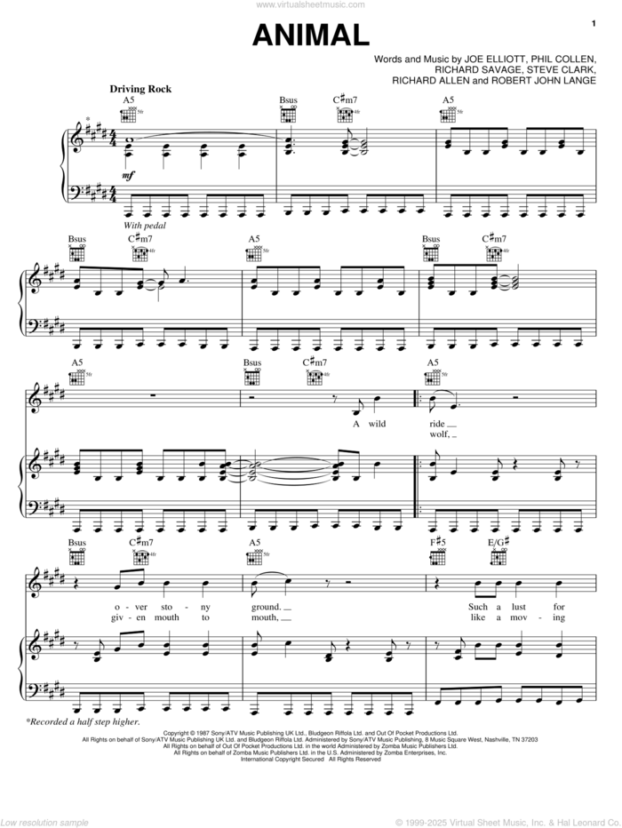 Animal sheet music for voice, piano or guitar by Def Leppard, Joe Elliott, Phil Collen, Richard Allen, Richard Savage, Robert John Lange and Steve Clark, intermediate skill level