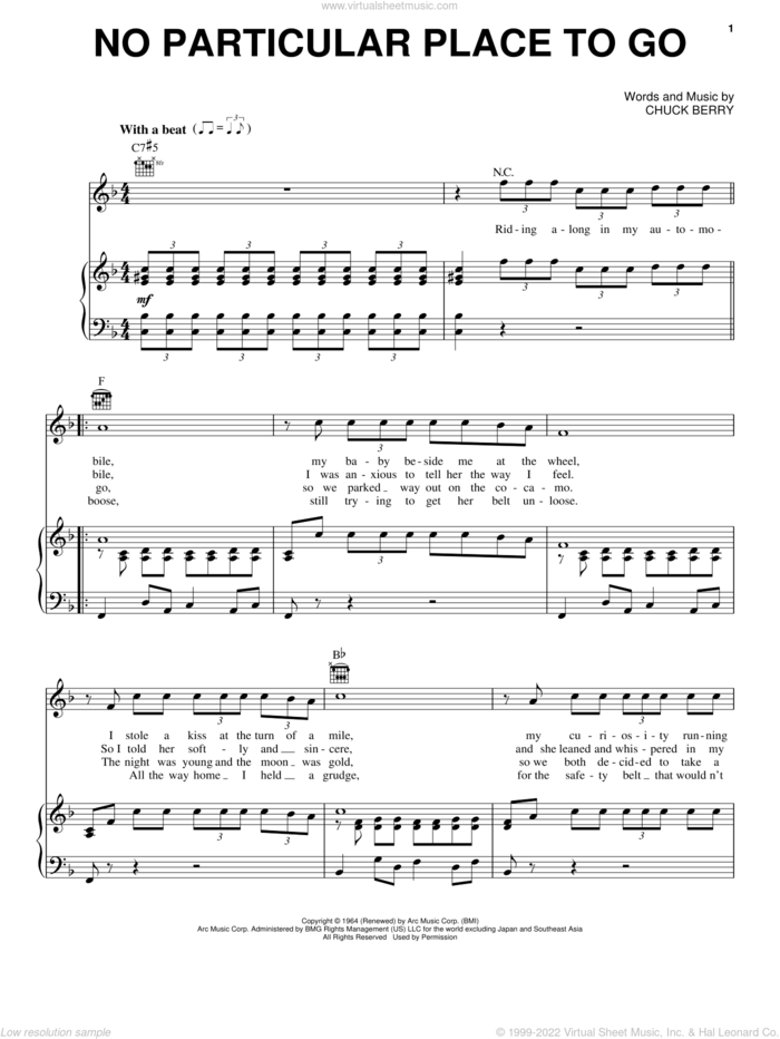 No Particular Place To Go sheet music for voice, piano or guitar by Chuck Berry, Cadillac Records (Movie) and Mos Def, intermediate skill level
