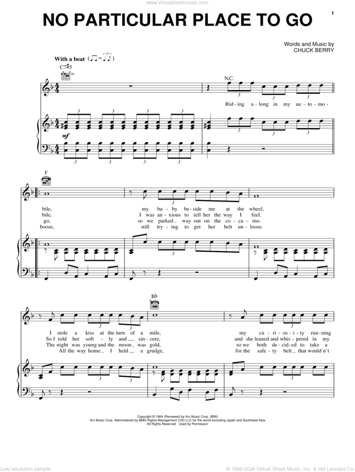 No Particular Place To Go sheet music for voice, piano or guitar by Chuck Berry, Cadillac Records (Movie) and Mos Def, intermediate skill level