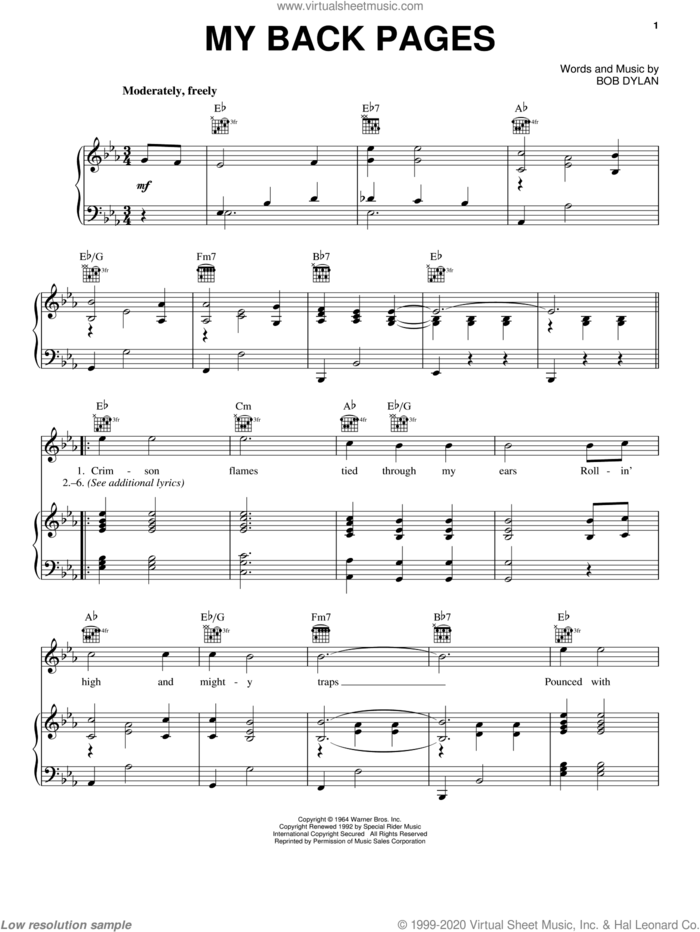 My Back Pages sheet music for voice, piano or guitar by Bob Dylan, intermediate skill level