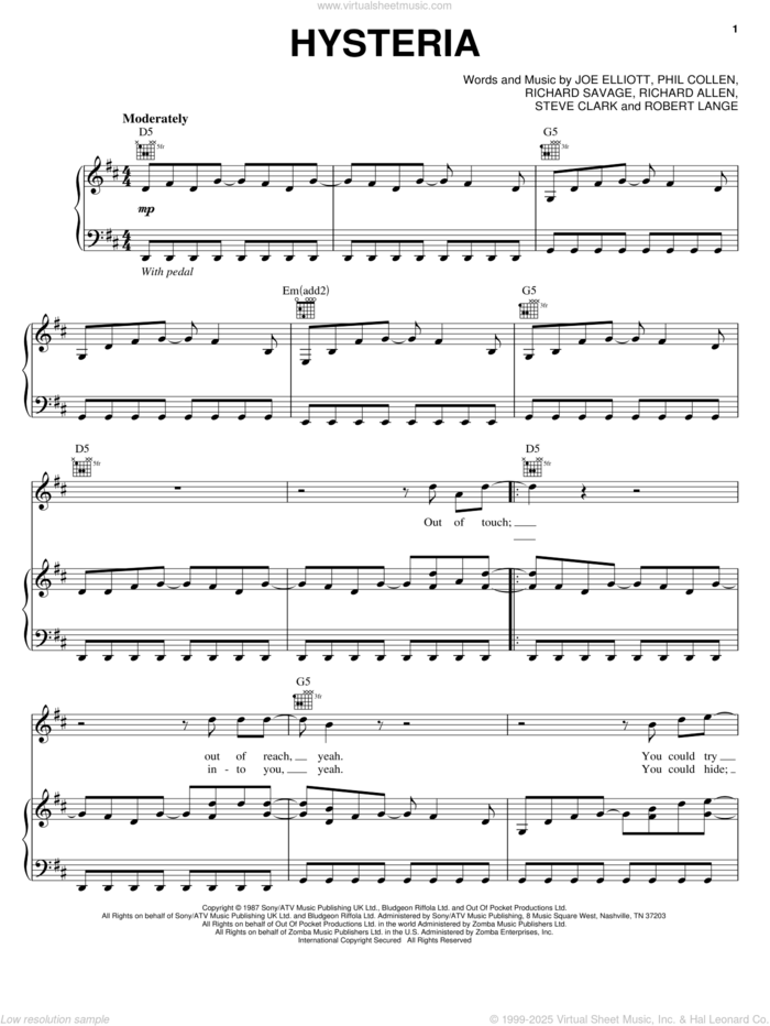 Hysteria sheet music for voice, piano or guitar by Def Leppard, Joe Elliott, Phil Collen, Richard Allen, Richard Savage, Robert John Lange and Steve Clark, intermediate skill level