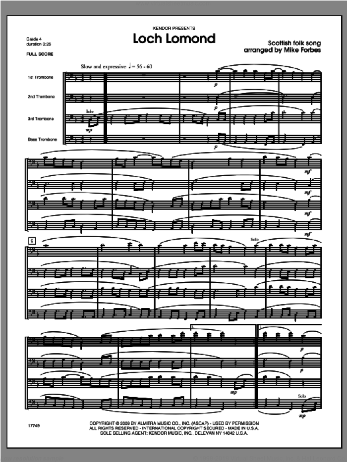 Loch Lomond (COMPLETE) sheet music for four trombones by Michael Forbes, classical score, intermediate skill level